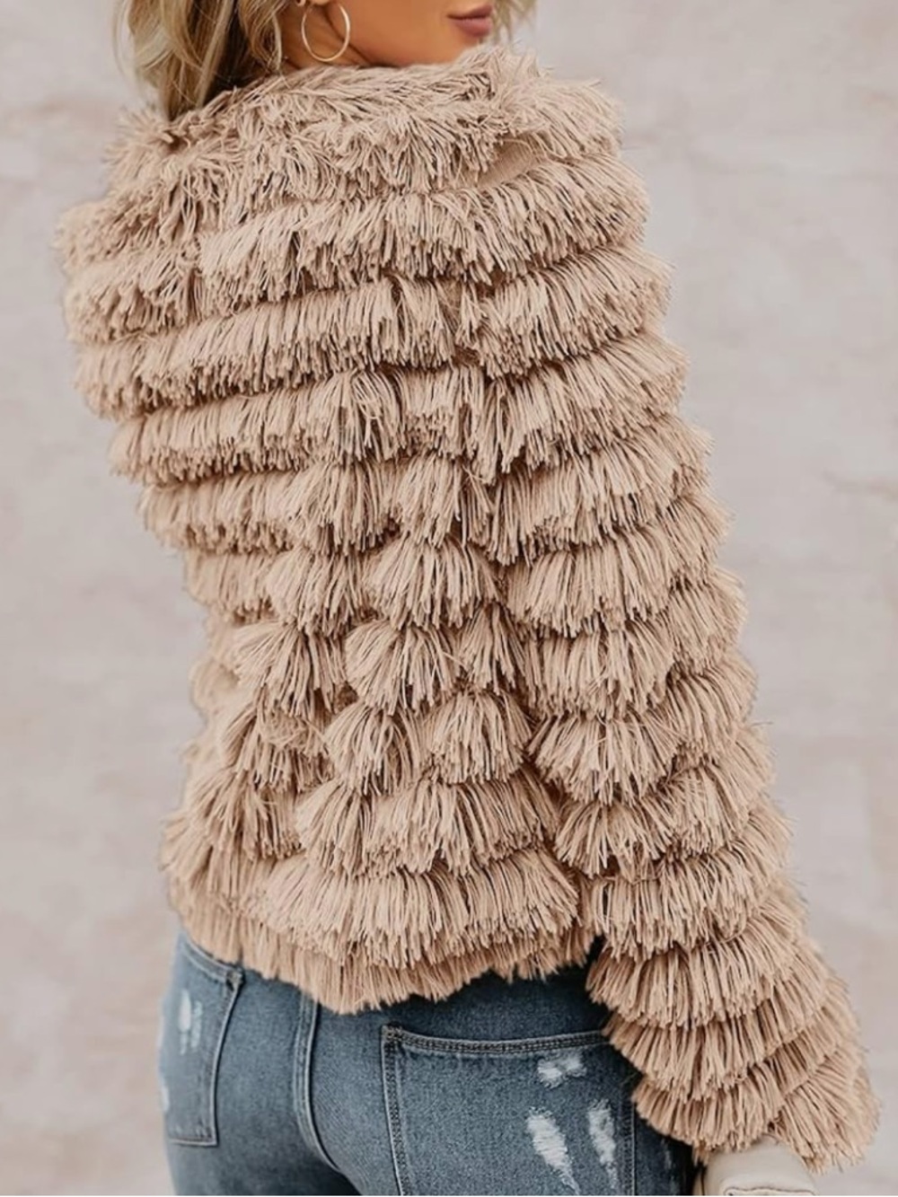 Womens Faux Fur Shaggy Open Front Coat Jacket Size L Beige Pink Lightweight - Picture 2 of 12